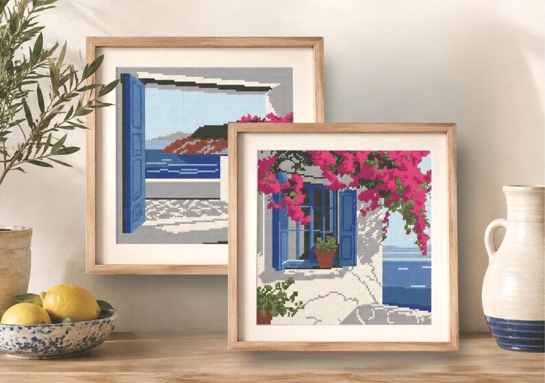 Seascape & Cottage Cross Stitch Pattern Set: Greek Island Coastal Scene (Digital Downloadable PDF Charts) image 1