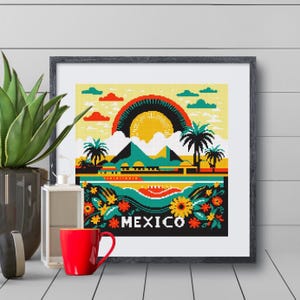 Patrón de punto de cruz de viaje colorido a México, gráfico de formato digital xstitch con pirámides mexicanas, plantilla de bordado de países mexicanos en formato PDF