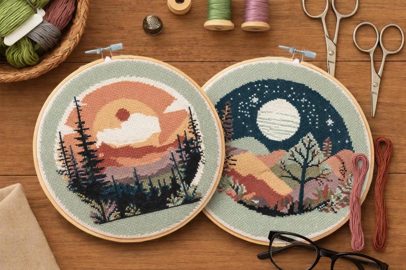 Dawn to Dusk Landscape Cross Stitch Pattern Set (digital Download) - Etsy