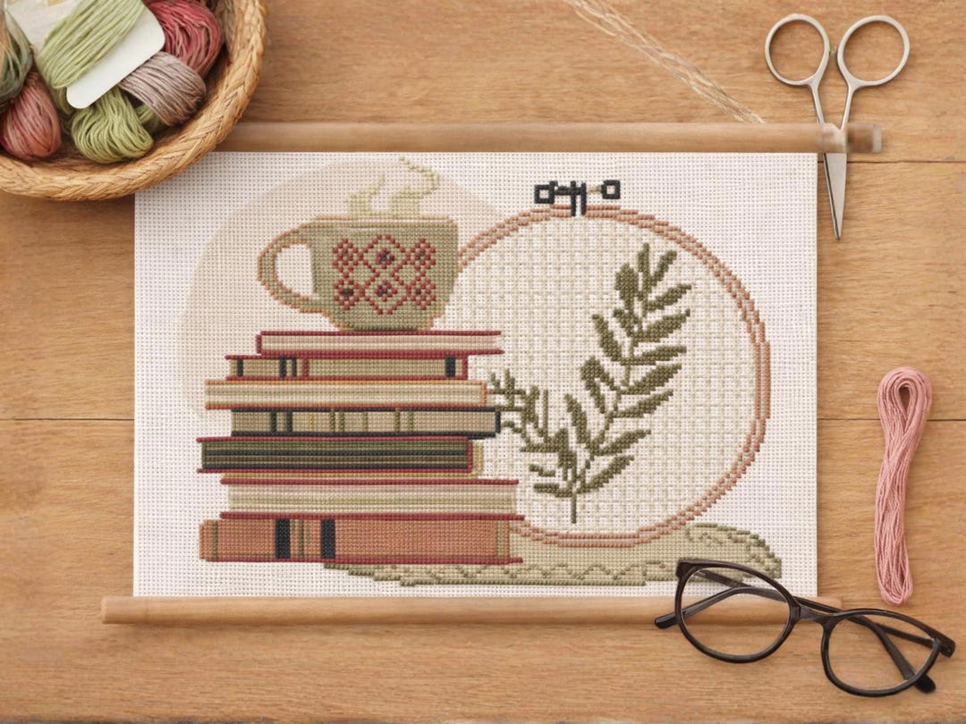 Books, Coffee & Embroidery Cross Stitch Pattern Pdf Digital Download ...