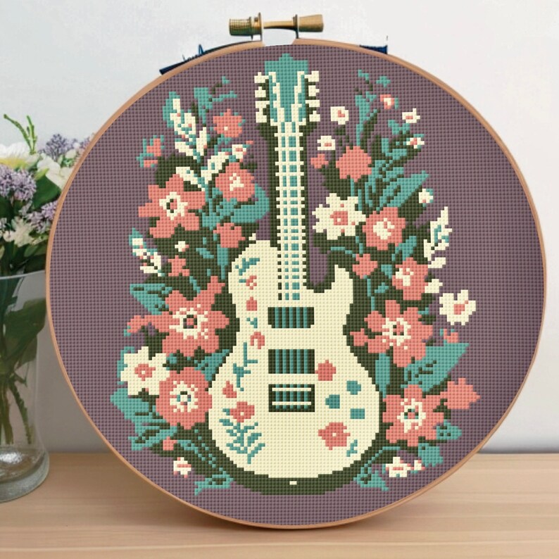 Boho Guitar Cross Stitch, Hippie Cross Stitch Pattern, Guitar