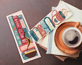 Modèles de marque-page au point de croix livresques, lecture et service à café en téléchargement PDF