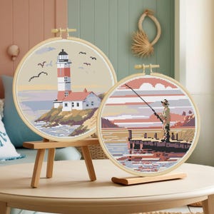 Conjunto de ponto cruz marítimo costeiro, padrões de ponto cruz digital em PDF com tema de farol e pesca com poucas cores, conjunto Xstitch fácil de paisagem marinha