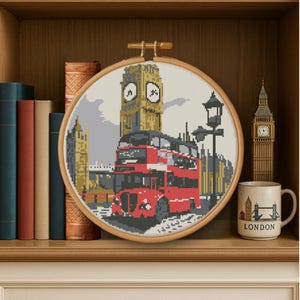 Doppeldecker großer roter Bus Kreuzstichmuster, Retro London Kreuzstichmuster, britisch inspirierte xstitch art