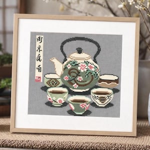 Patrón de punto de cruz de juego de té japonés: Diseño de tetera asiática (descarga digital)