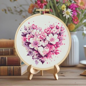 Funky bloemen modern xstitch-ontwerp, roze hart bloemen kruissteekpatroon, roze en witte bloemen borduurwerk PDF digitaal formaat grafiek