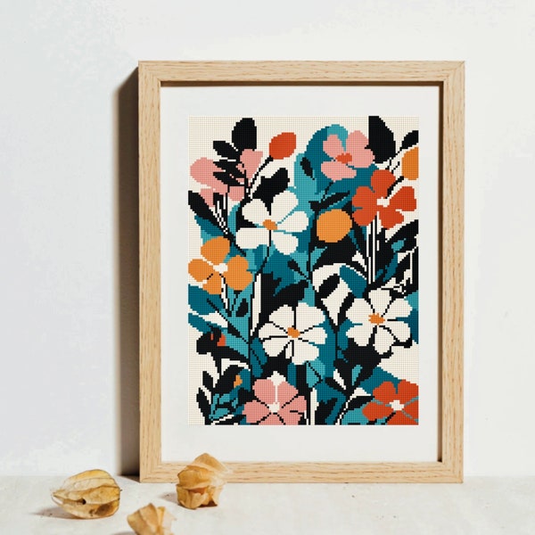 Minimal floral design cross stitch, Flowers minimalistic needlepoint PDF digital downloadable pattern, Simple floral embroidery wall decor