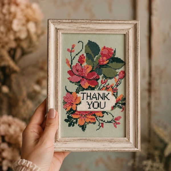 Floral Thank You Card Cross Stitch Pattern (PDF Digital)
