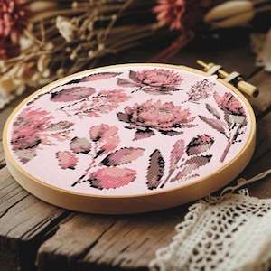 Proteabloemen kruissteekpatroon, wilde bloemen geteld kruissteekkaart met enkele kleuren voor hoepeldecoratie, botanische kunst xstitch pdf