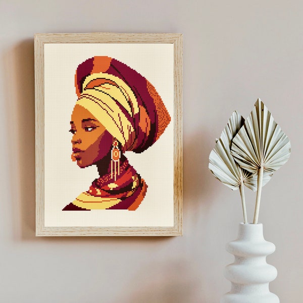 Traditional african cross stitch pattern, African woman with head wrap needlepoint, Female embroidery pattern, Girl with headband xstitch