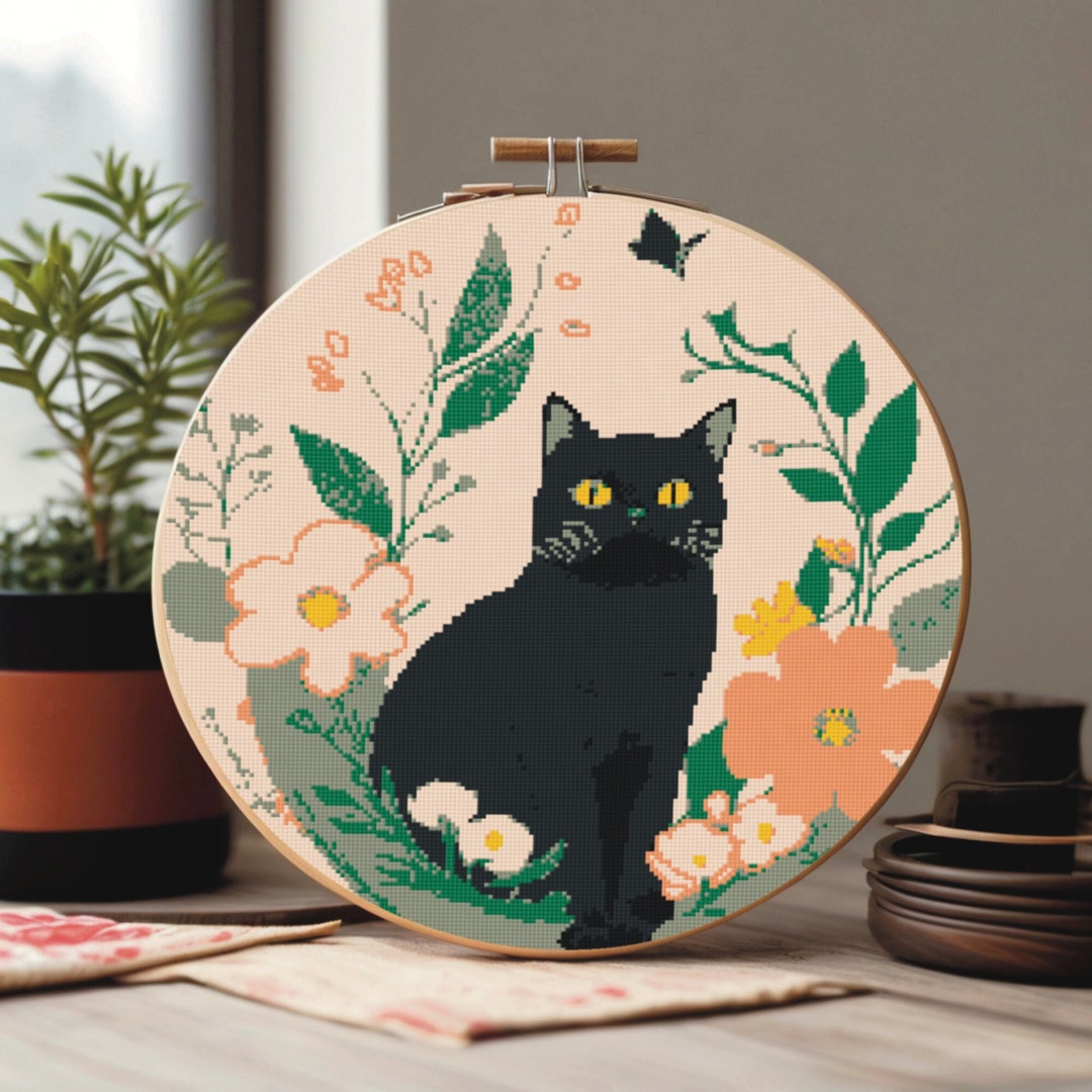 Black Cat Cross Stitch Pattern Digital Download, Boho Cross Stitch