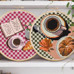 Lot de motifs de point de croix bistro français : thème café (Modèle PDF)