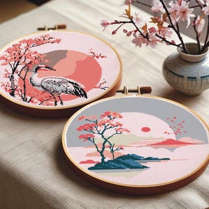 Cherry Blossom Crane Cross Stitch Pattern Set: Minimalist Japanese Sakura (Digital Download)
