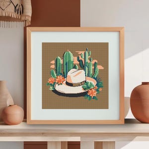 Cowboy hat in cactus flowers cross stitch design, Southwestern minimal cactus xstitch pattern PDF digital download, Southwest needlepoint