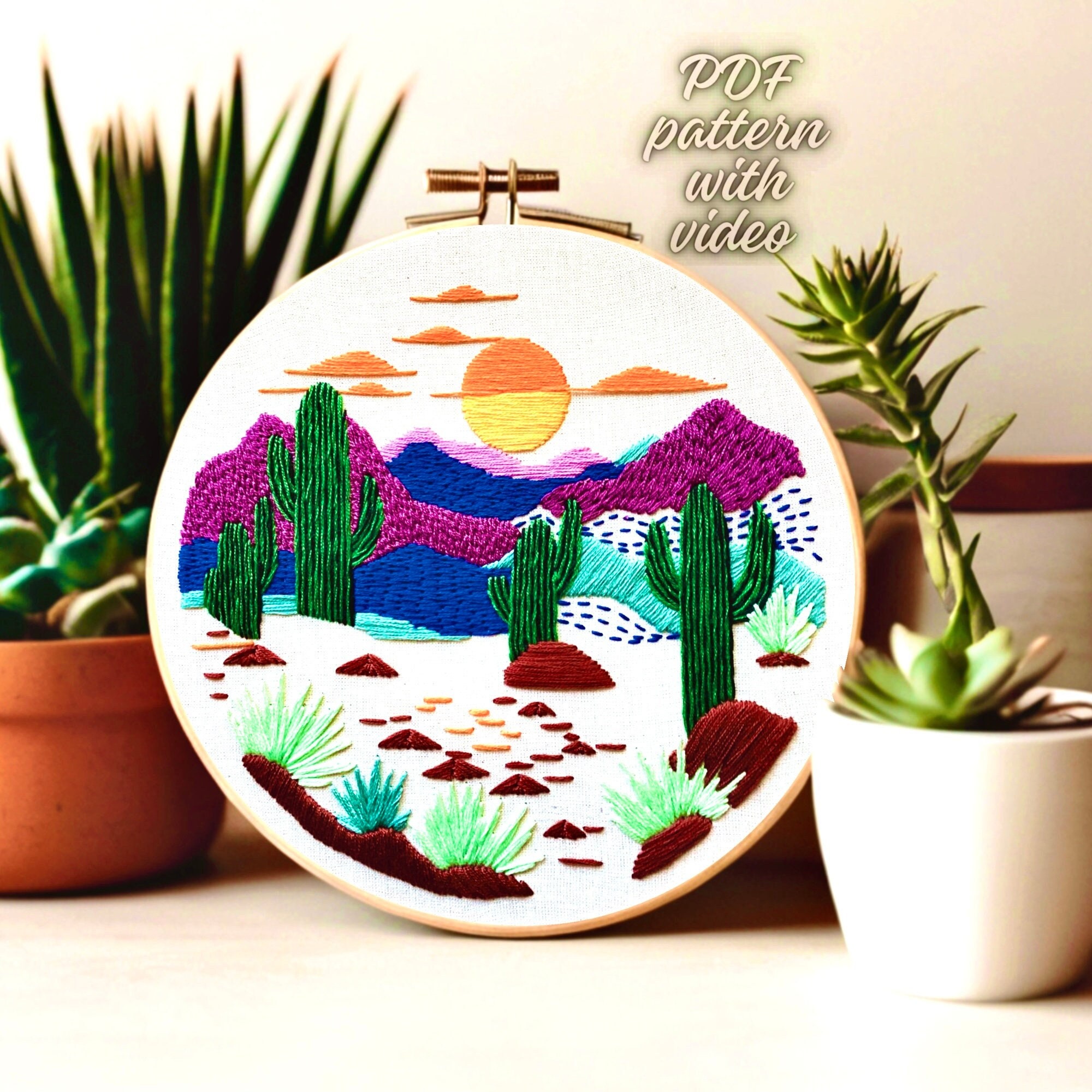 Western Landscape Embroidery Art With Video Guide, Cacti Southwestern