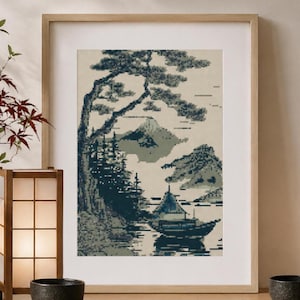日本の風景画クロスステッチパターン：抽象的な東洋刺繍（デジタル
