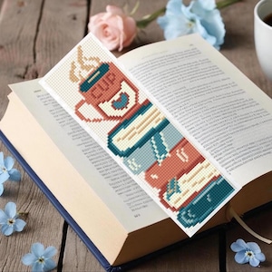 Book Pile Bookmark Cross Stitch Pattern: Coffee Reading Design (PDF Download)