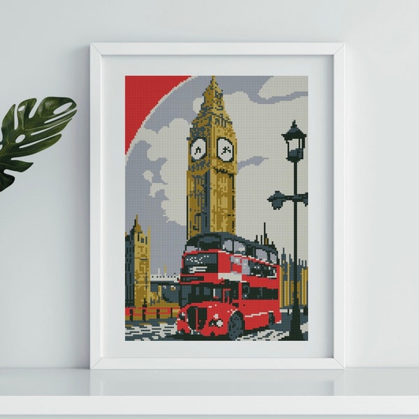 London cross stitch, England cross stitch pattern, London needlepoint, Red bus cross stitch, Travel cross stitch pdf, Counted cross stitch