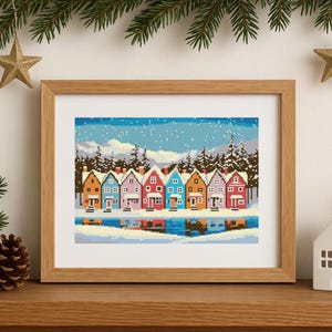Peinture pittoresque enneigée au point de croix au point de croix pdf, ville hivernale de Noël, art numérique au point de croix compté, village lacustre hivernal confortable