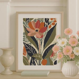 Bordado en cruz de flores escandinavas en PDF, patrón de bordado en cruz de arte floral popular de descarga instantánea con pocos colores, pintura de flores grandes en punto X