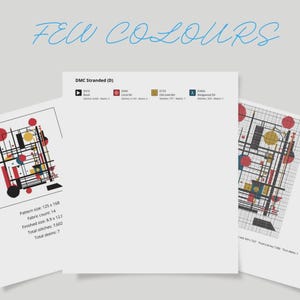 K&ouml;nnte beinhalten: Ein Kreuzstichmuster-Dokument mit dem Titel FEW COLOURS, das ein geometrisches abstraktes Design mit schwarzen Linien, roten Kreisen und goldenen Akzenten zeigt. Es enth&auml;lt eine DMC-Farblegende, ein Rasterdiagramm und technische Spezifikationen.