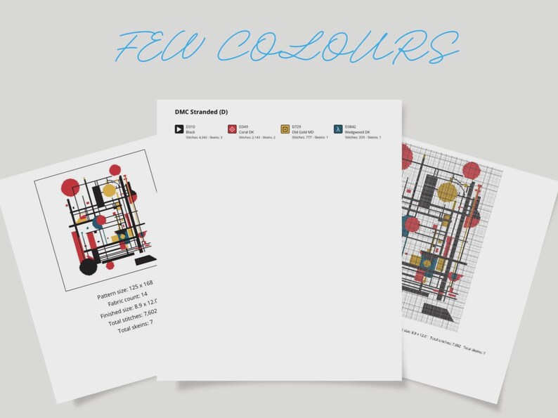 K&ouml;nnte beinhalten: Ein Kreuzstichmuster-Dokument mit dem Titel FEW COLOURS, das ein geometrisches abstraktes Design mit schwarzen Linien, roten Kreisen und goldenen Akzenten zeigt. Es enth&auml;lt eine DMC-Farblegende, ein Rasterdiagramm und technische Spezifikationen.