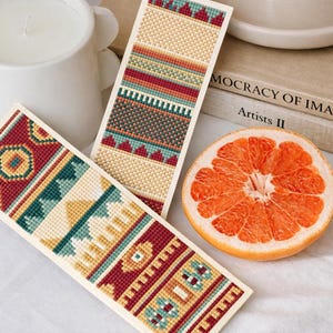 Geometric Aztec bookmarks pdf cross stitch, Southwestern folk art diy  bookmarks