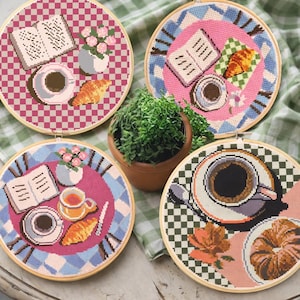Coffee, Croissant & Books Cross Stitch Pattern: Retro Bookish Bundle (PDF)