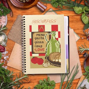 Maaltijdplanner kruissteek omslag pdf-patroon, keukendagboek buitenste xstitch-grafiek, notebookomslag geteld kruissteek digitale downloadgrafiek