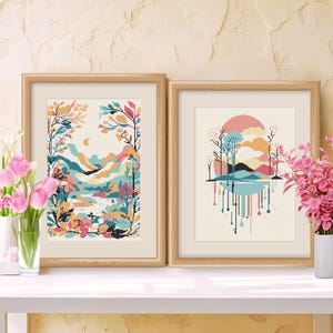 Conjunto de punto de cruz con arte abstracto funky de dos patrones digitales con pocos colores, gráficos en PDF a juego de punto de cruz contado de paisajes modernos y brillantes