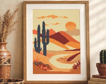 Southwestern Landscape Cross Stitch Pattern: Minimalist Desert Art (PDF Download)