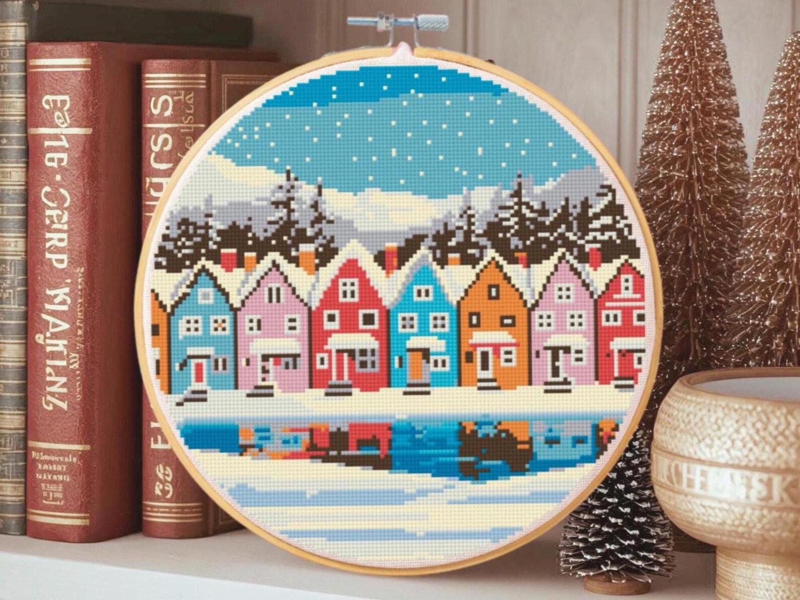Winter Village Cross Stitch Pattern: Snowy Lake Town Landscape (PDF ...