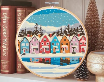 Winter Village Cross Stitch Pattern: Snowy Lake Town Landscape (PDF Download, 9" Hoop Design)