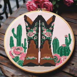 Cowgirl Boots Cross Stitch Pattern: Southwest Cactus Needlepoint Design (Digital Download