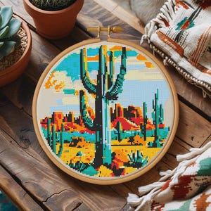Modèle de point de croix du désert du sud-ouest pour cerceau de 20 cm (8 po.) avec peu de couleurs, paysage occidental de l'Arizona, point de croix compté fichier pdf en téléchargement numérique