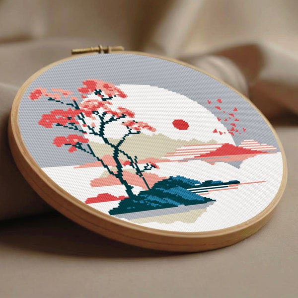 Abstract landscape cross stitch pattern PDF instant download, Asia cross stitch, Japanese cross stitch, Minimal cross stitch design PDF file