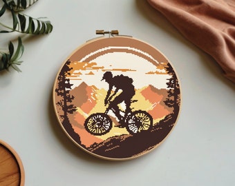 Mountain bike cross stitch, Cyclist cross stitch PDF design, Bicycle cross stitch pattern, Landscape mountain cross stitch PDF digital file