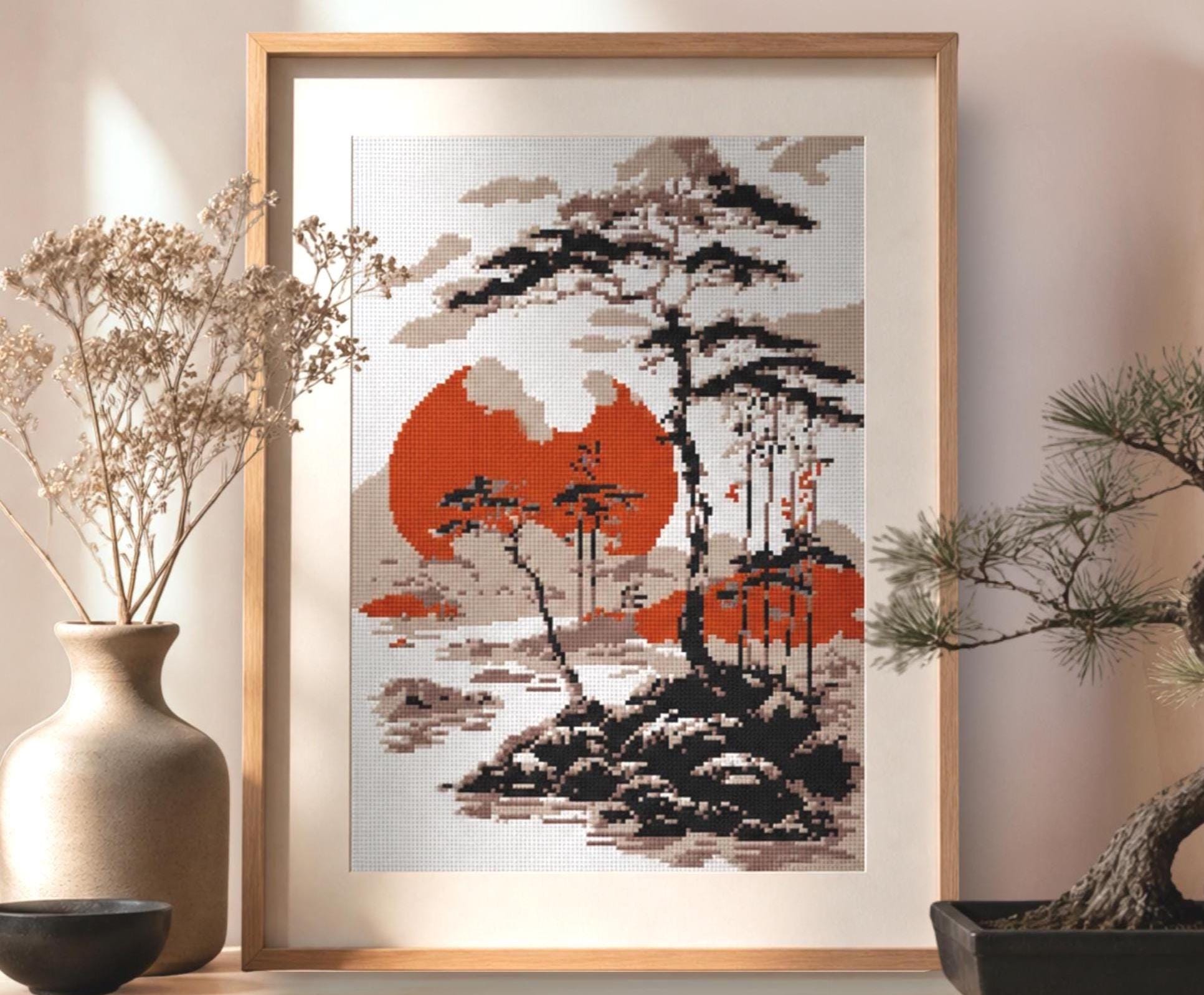 日本の風景画クロスステッチパターン：抽象的な東洋刺繍（デジタル