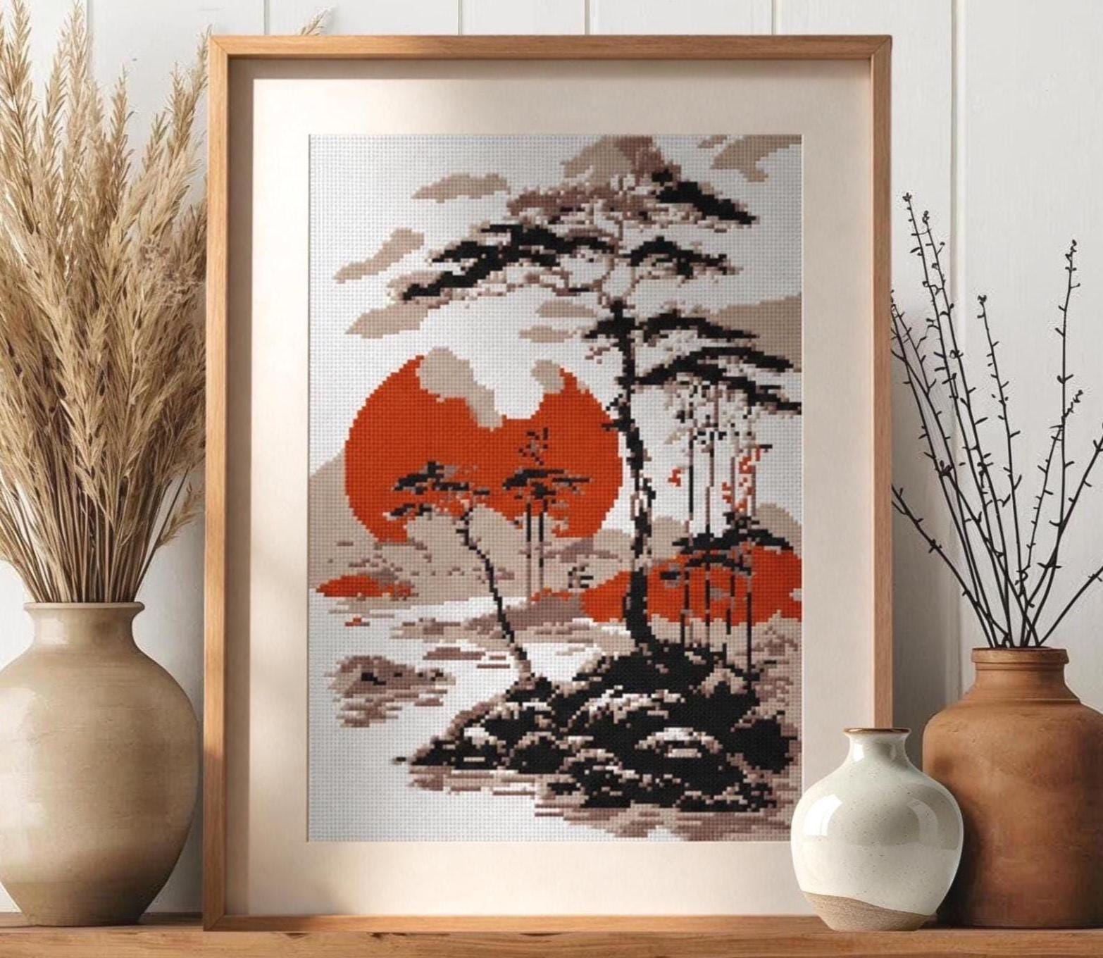 日本の風景画クロスステッチパターン：抽象的な東洋刺繍（デジタル