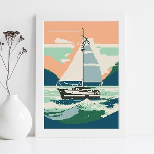 Ocean sailing boat cross stitch, Seascape nautical xstitch pattern, Coastal landscape counted cross-stitch chart, Sailing boat needlepoint