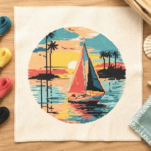 Modèle de point de croix « Voilier au coucher du soleil tropical » : paysage marin côtier (téléchargement numérique)