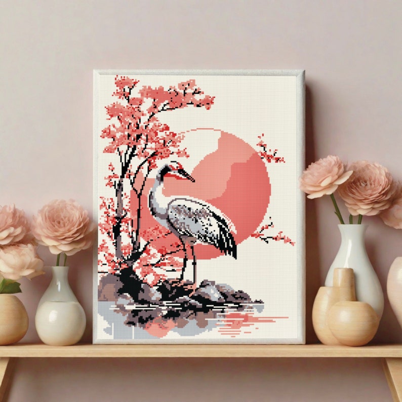 Japanese Art Cross Stitch, Crane Cross Stitch Pattern, Asian Cross