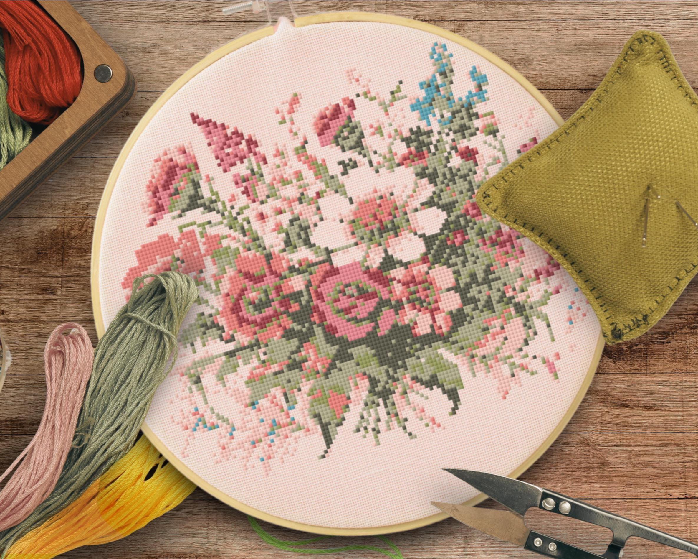 花柄クロスステッチパターン：ブーケ刺繍デザイン（PDFダウンロード