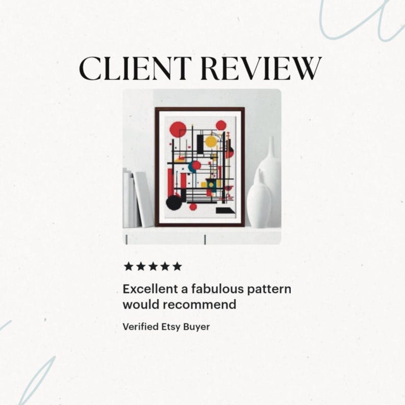 K&ouml;nnte beinhalten: Ein gerahmter Kunstdruck mit einem geometrischen Muster aus schwarzen Linien, roten Kreisen und gelben Akzenten. Der Text CLIENT REVIEW steht dar&uuml;ber, mit f&uuml;nf Sternen und dem Text Excellent a fabulous pattern would recommend darunter.