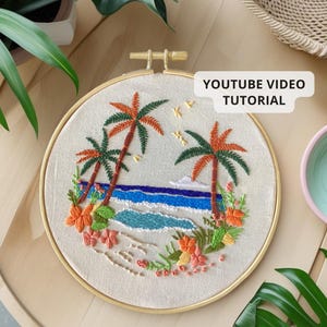 Tropical coastal intermediate embroidery pattern, Seashore beach island hand embroidery tutorial template, Step by step landscape embroidery
