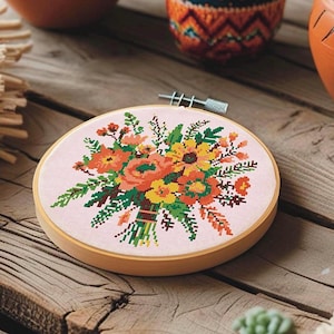 Kruissteek met wilde bloemen in de weide met weinig kleuren, kruissteekkaart voor botanisch boeket voor 8 inch borduurring, x-stitch bloeiende flora