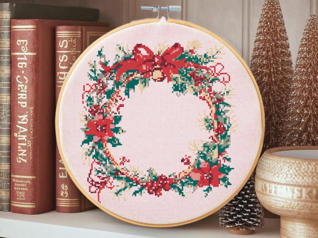 クリスマスリースのクロスステッチパターン：エレガントなホリデー刺繍