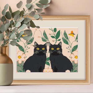 2匹の黒猫のクロスステッチパターン（PDF、即時ダウンロードチャート）、ボヘミアン風花柄猫のクロスステッチ用PDFデジタルファイル、DIY猫壁アート（PDF）