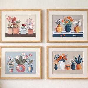 Flower Pot Cross Stitch Patterns: Minimalist DIY Decor (PDF Download Set of 4)