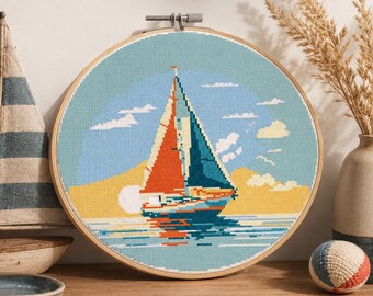 Sailboat Cross Stitch Pattern: Nautical Sea Embroidery Design (PDF Download)